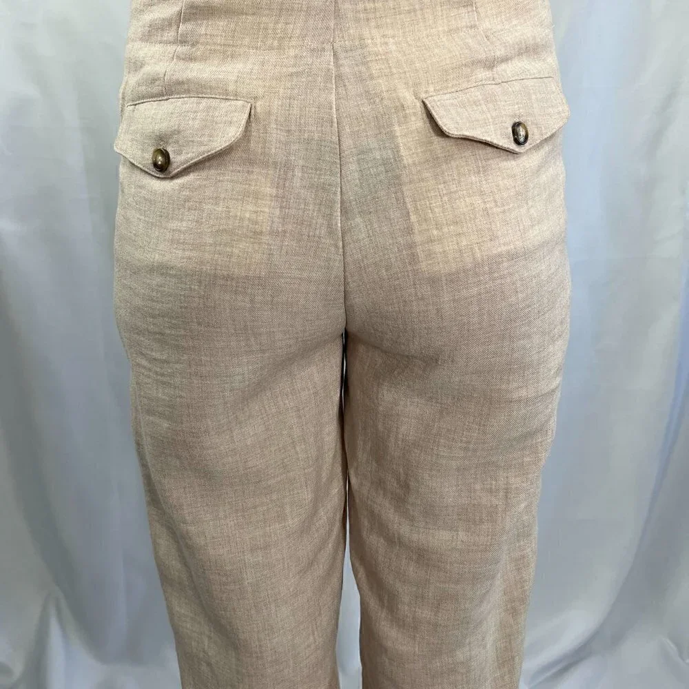 Cropped lightweight woven khaki straight leg high waisted trousers - Picture 4 of 5